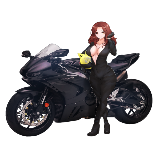 xivydivinex's Celty cosplay standing in front of a motorcycle holding a helmet anime style sticker