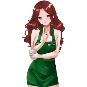 xivydivinex wearing green barista apron holding a coffee cup and pen anime style sticker